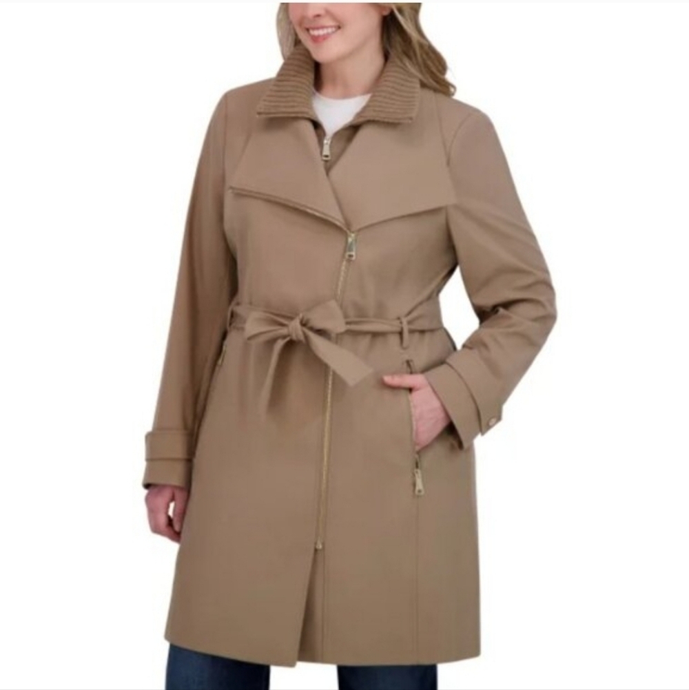 New Halston Women's Belted Trench Coat Jacket Water Resistant Removable Belt